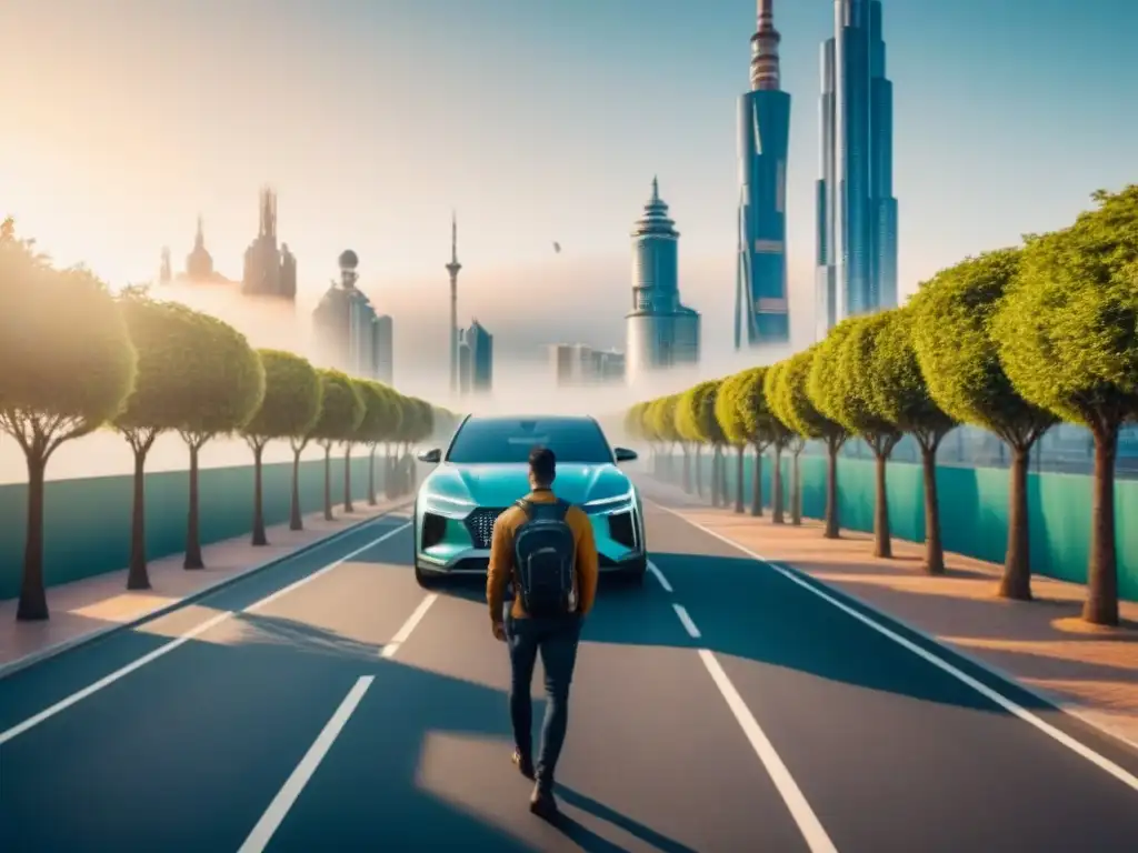 Futurismo sostenible: skyline de España en 8k Futuro de las inversiones inmobiliarias en España: paisaje urbano moderno con arquitectura sostenible, calles llenas de vida y áreas verdes