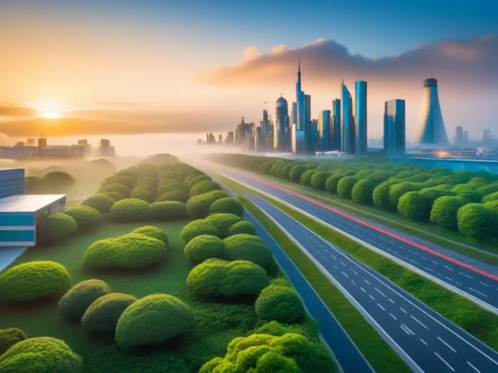 Metrópolis futurista: armonía entre naturaleza y tecnología Un futuro prometedor: Desarrollo urbano sostenible con espacios verdes, ciclovías y edificios eficientes al atardecer