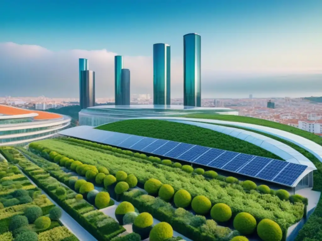 Cityscape futurista de España con infraestructura verde innovadora Un futuro sostenible en España: ciudad innovadora con arquitectura tradicional y diseño ecofriendly integrado