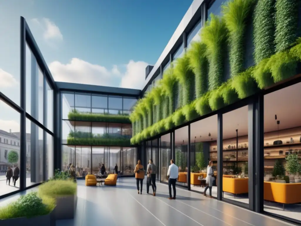 Espacio comercial futurista: tiendas, cafés y coworking integrados Un futuro sostenible y vibrante en espacios comerciales multifuncionales con diseño futurista y diversas actividades