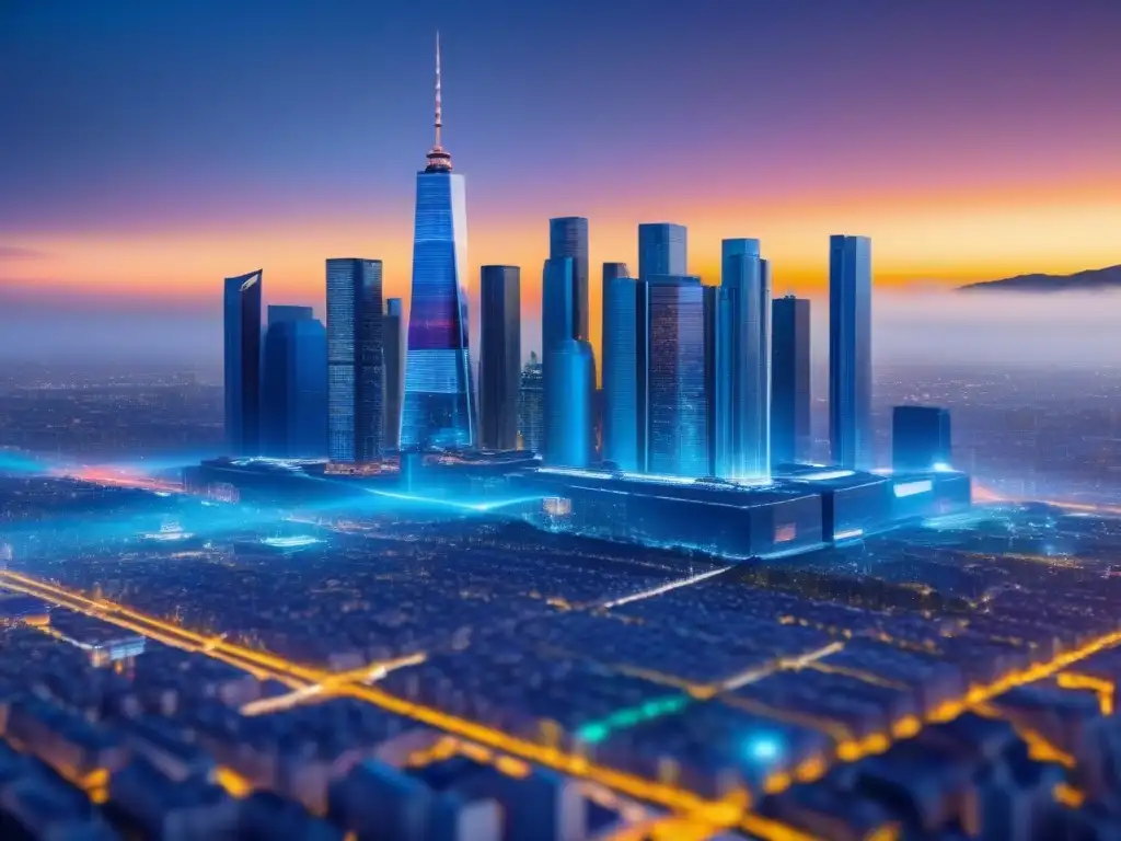 Interfaz futurista de real estate en 3D Futuroso panel digital con modelo 3D de la ciudad y datos de valoración inmobiliaria