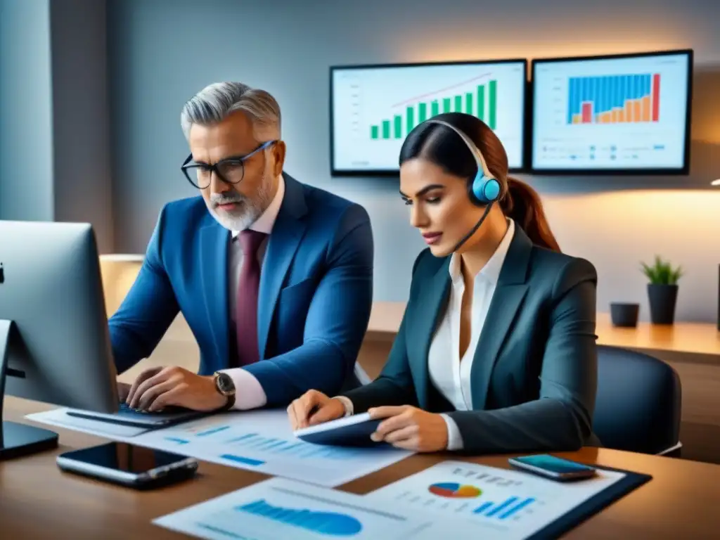 Generaciones Financieras: Baby Boomer vs Dos generaciones analizan gráficos financieros en oficina moderna: contraste en inversiones inmobiliarias diferencias generacionales