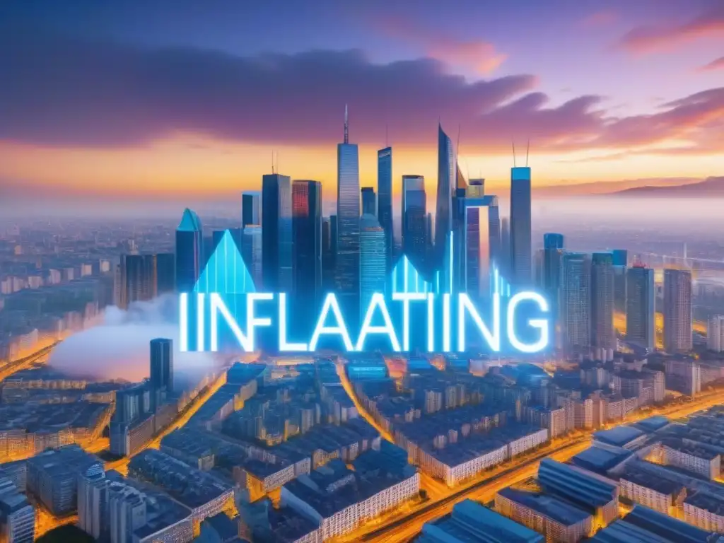 Gráfico de inflación en tiempo real sobre metrópolis futurista Gráfico digital futurista muestra inflación en tiempo real sobre ciudad bulliciosa