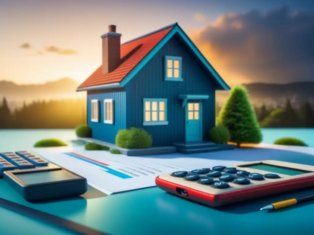 Decisión inteligente: Refinanciar tu hipoteca Gráfico moderno de una casa rodeada de elementos financieros, simbolizando el refinanciamiento hipotecario en el mercado inmobiliario