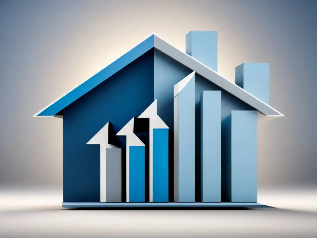 Desafíos de tasas de interés altas en mercado inmobiliario Gráfico moderno de casa rodeada por flechas de tasas de interés, ilustrando efectos en compra inmobiliaria