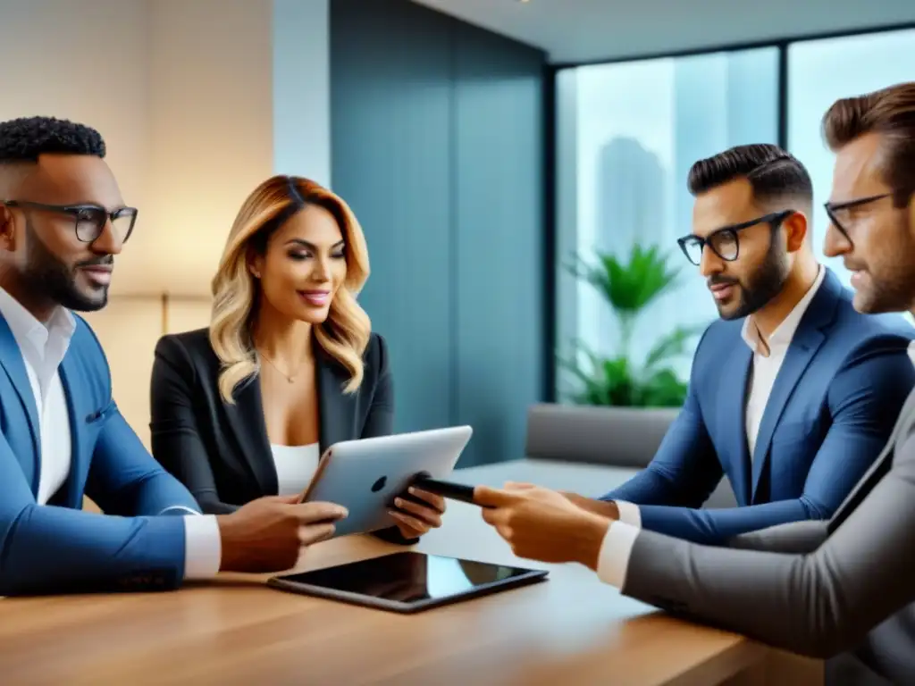 Equipo de asesores inmobiliarios analizando propiedades en plataforma online Grupo de asesores inmobiliarios en plataformas online, colaborando en una oficina moderna y tecnológica