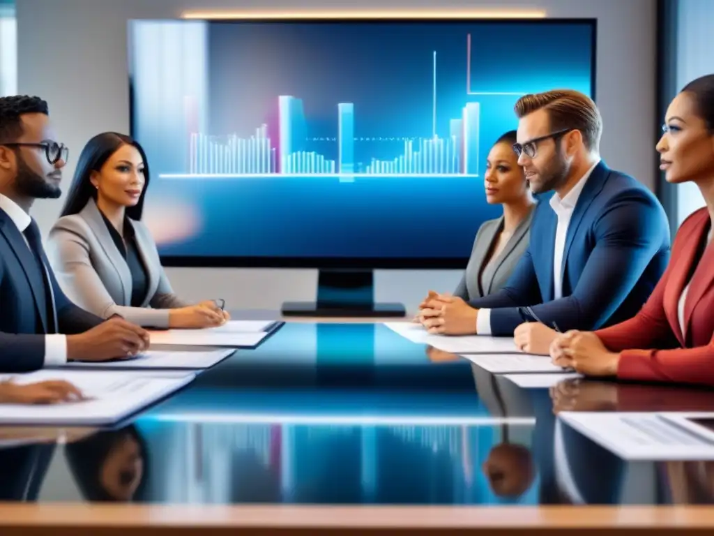 Profesionales legales colaborativos en mesa digital de alta tecnología Un grupo diverso de abogados resuelve conflictos legales con contratistas inmobiliarios en una mesa de conferencias de alta tecnología