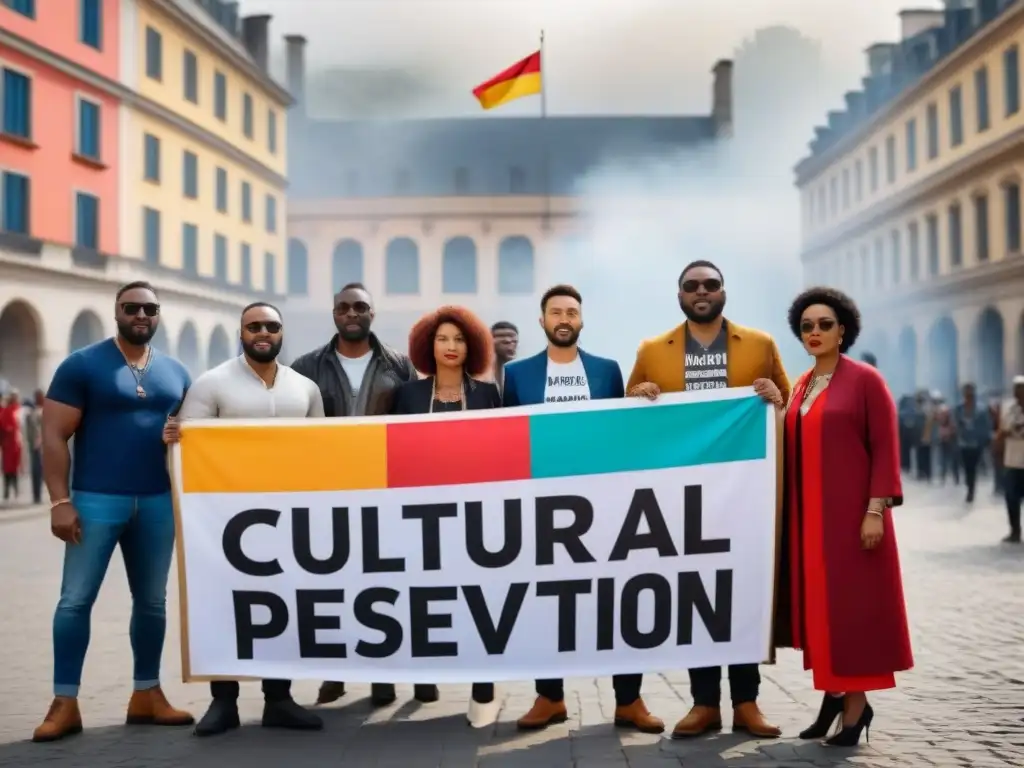 Activistas locales unidos por la preservación cultural en plaza vibrante Un grupo diverso de activistas locales apasionados, unidos en una plaza vibrante, promoviendo la preservación de la identidad cultural