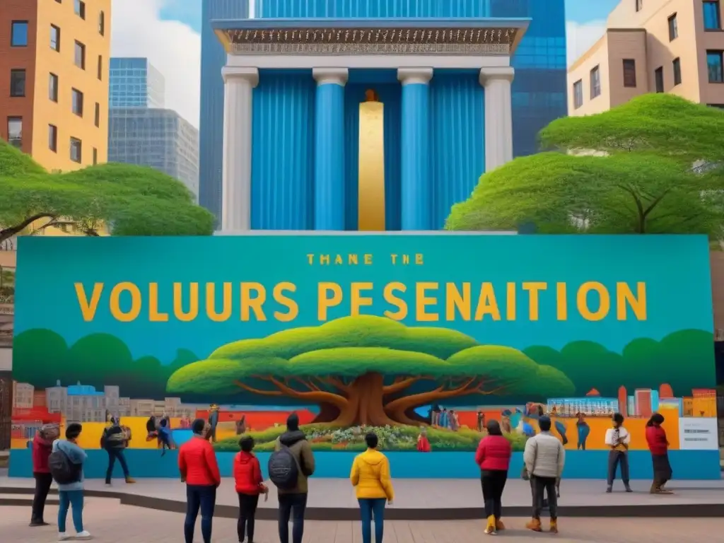 Activistas locales unidos por la preservación cultural Grupo diverso de activistas locales preservando identidad cultural alrededor de monumento cultural