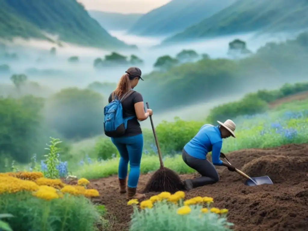 Restauración comunitaria: unidos por la naturaleza Un grupo diverso y activo restaurando un área natural con árboles, flores y un cielo azul