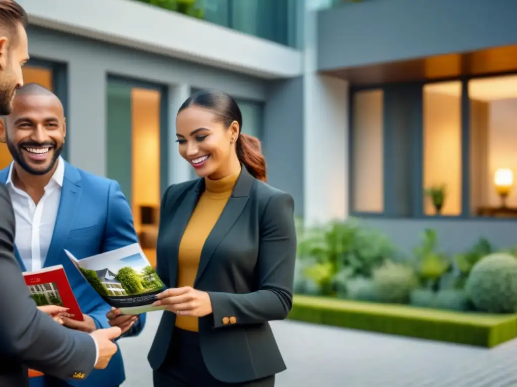 Encuentra tu hogar ideal: transparencia y confianza en bienes raíces Grupo diverso sonríe mientras un agente inmobiliario les muestra una propiedad