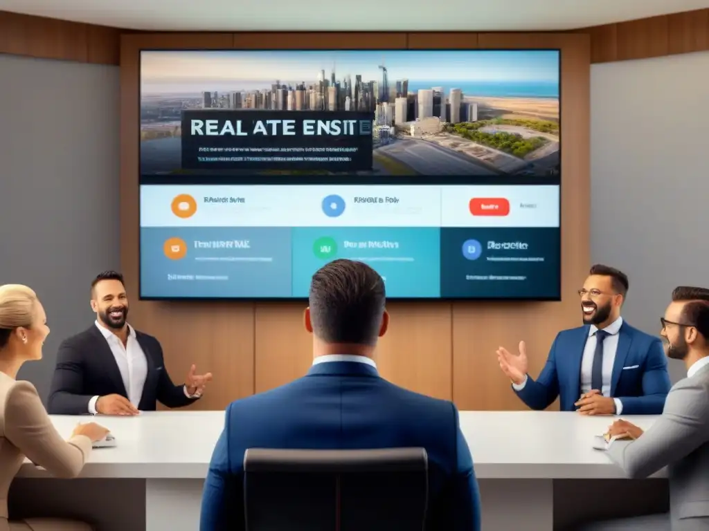 Subasta inmobiliaria: emoción y profesionalismo en acción Un grupo diverso de agentes inmobiliarios y clientes en una subasta, con emoción y profesionalismo