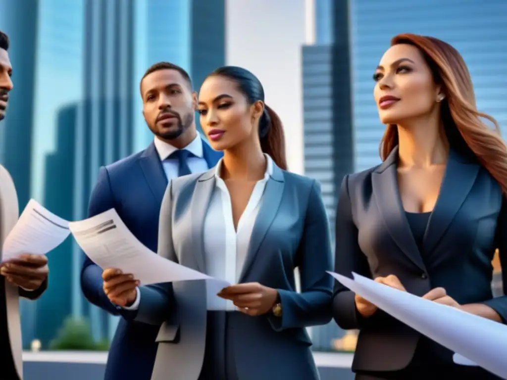 Un grupo diverso de agentes inmobiliarios expertos discuten contratos fuera de un edificio moderno en una ciudad bulliciosa