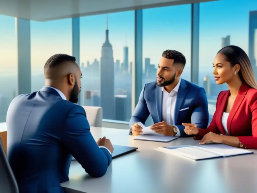 Grupo diverso de agentes inmobiliarios discuten en una oficina moderna, reflejando adaptabilidad a las leyes bienes raíces