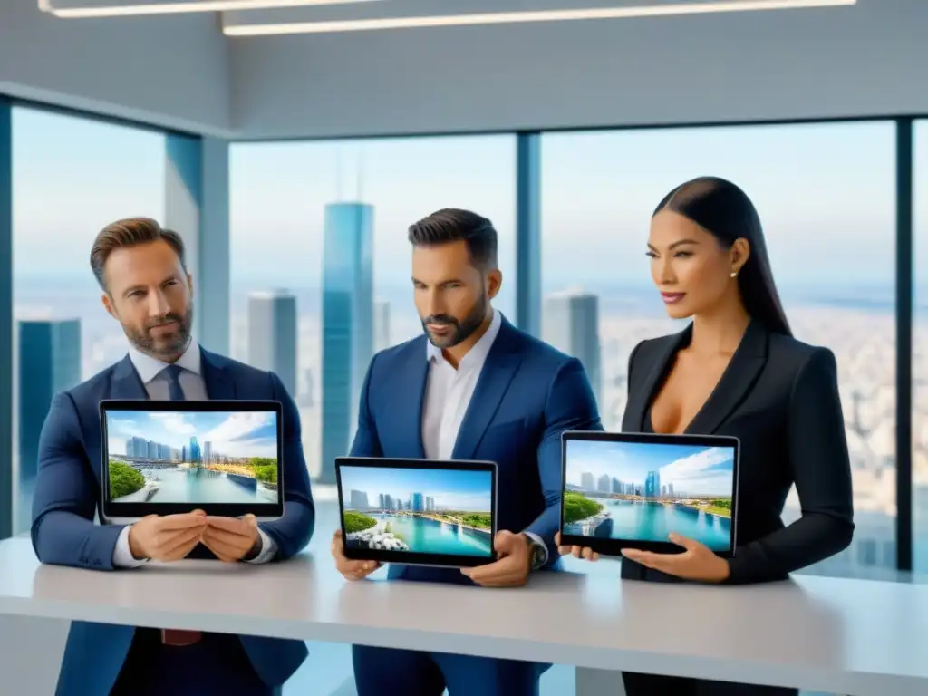 Profesionales inmobiliarios en oficina futurista Un grupo diverso de agentes inmobiliarios y tasadores profesionales trabajando con herramientas de tiempo real en una oficina moderna