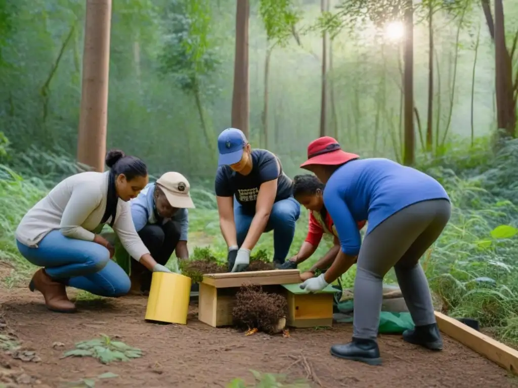 Restauración en comunidad: reforestación en acción Grupo diverso restaura bosque plantando árboles y construyendo nidos bajo la guía de un ambientalista