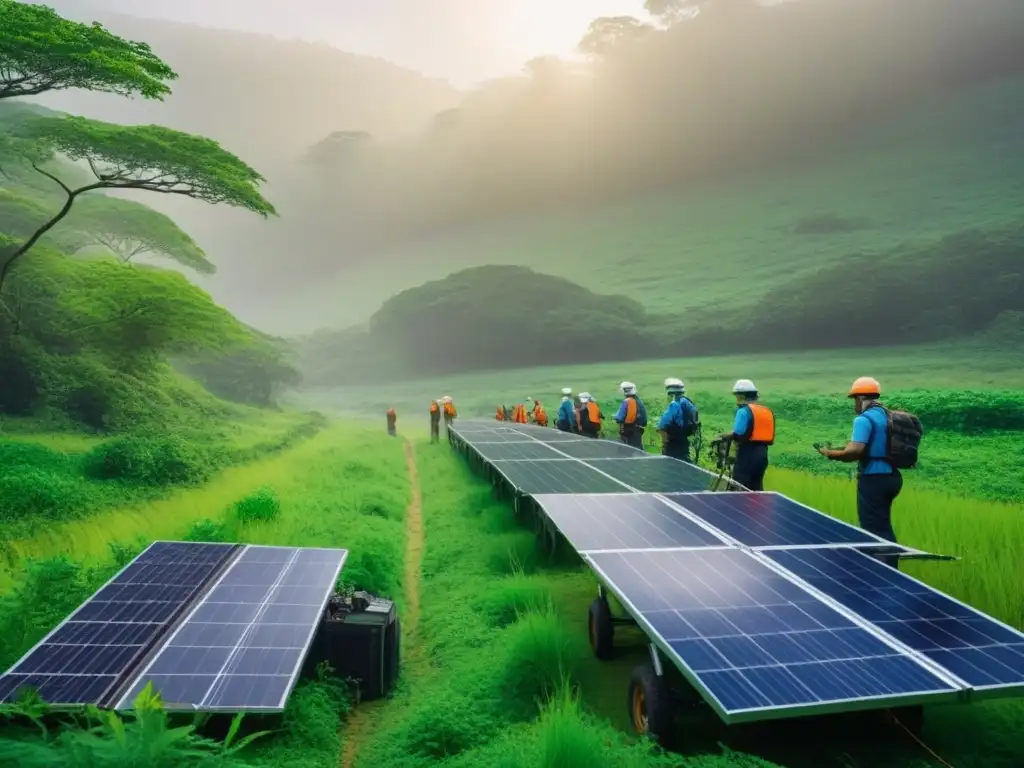 Innovación en conservación: colaboración diversa en escenario verde Grupo diverso colabora en área de conservación con tecnología futurista