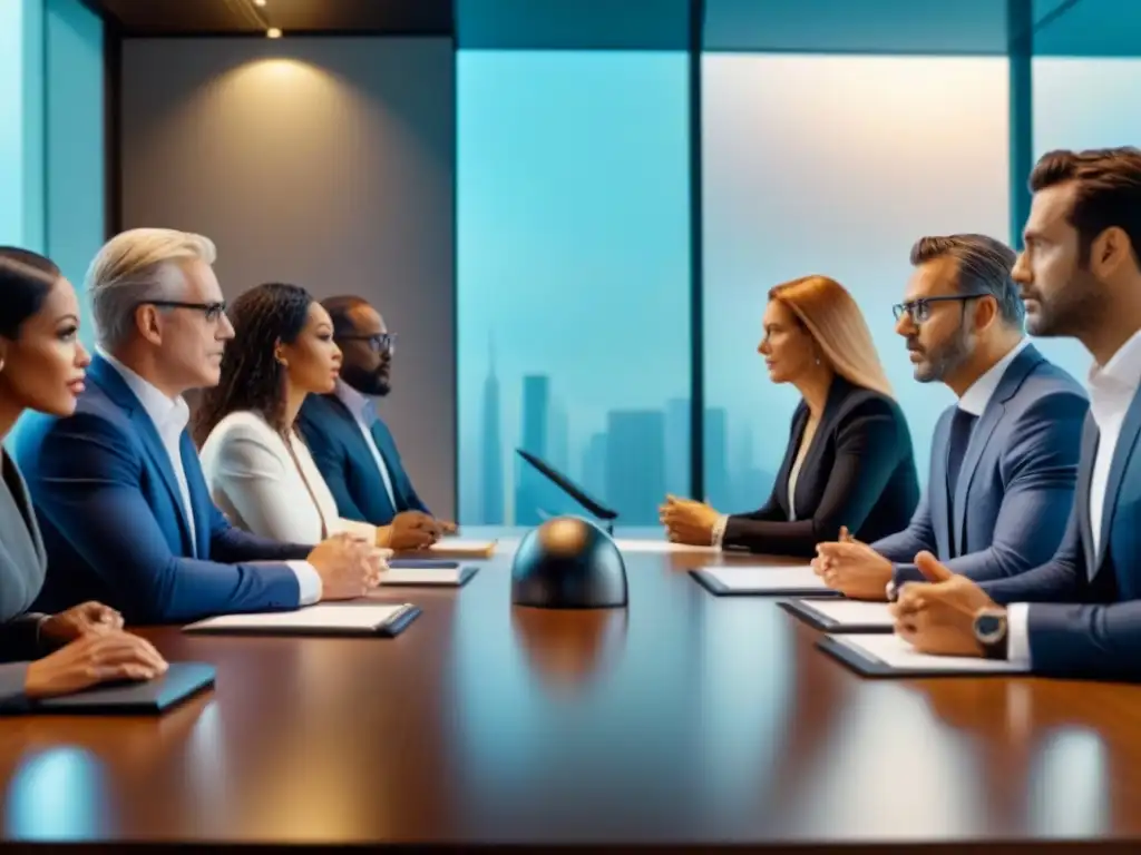 Reunión de arquitectos y abogados en sala de juntas moderna Grupo diverso de arquitectos y abogados debatiendo en sala de juntas moderna, mostrando atmósfera profesional