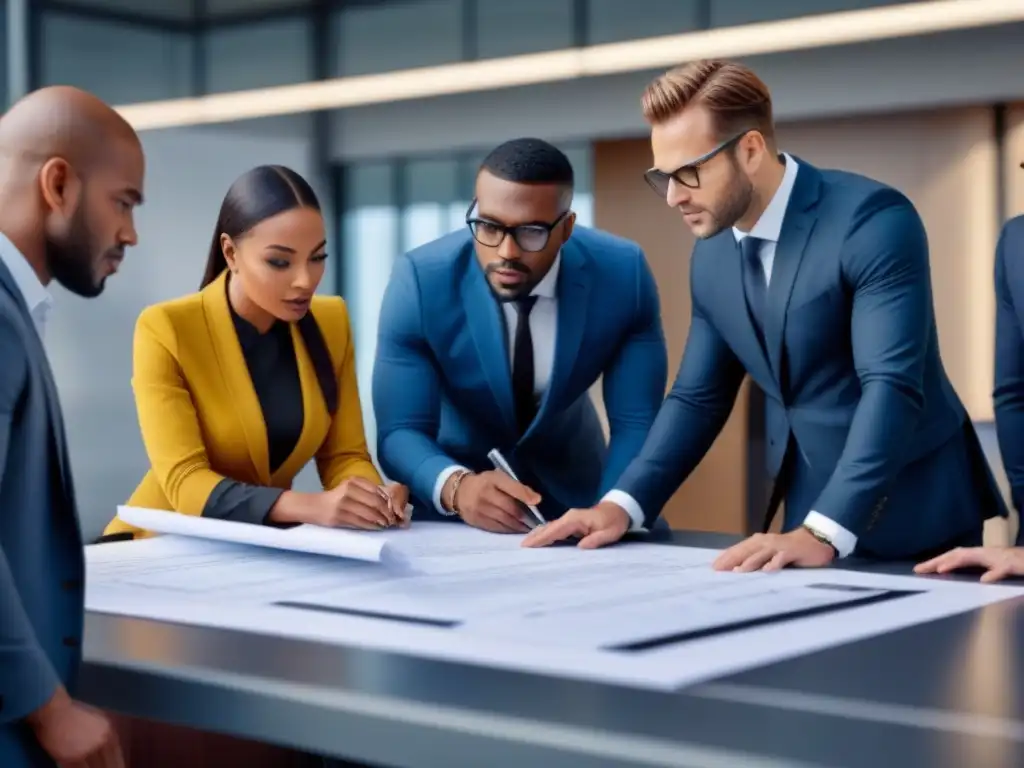 Profesionales debaten planos en oficina moderna Grupo diverso de arquitectos y ingenieros discuten planos en una oficina moderna, reflejando colaboración e innovación en el campo de la edificación