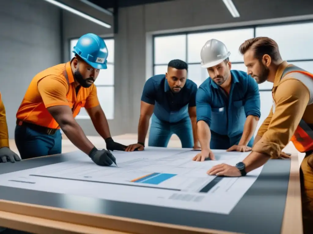 Equipo de arquitectos y constructores innovando en un proyecto sostenible Un grupo diverso de arquitectos y obreros colaborando en un proyecto sostenible en un estudio arquitectónico moderno