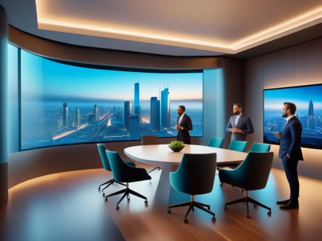 Reunión de arquitectos y profesionales inmobiliarios en sala de conferencias futurista Grupo diverso de arquitectos y profesionales inmobiliarios discuten zonificación áreas históricas compra inmobiliaria en sala moderna futurista con vista panorámica ciudad
