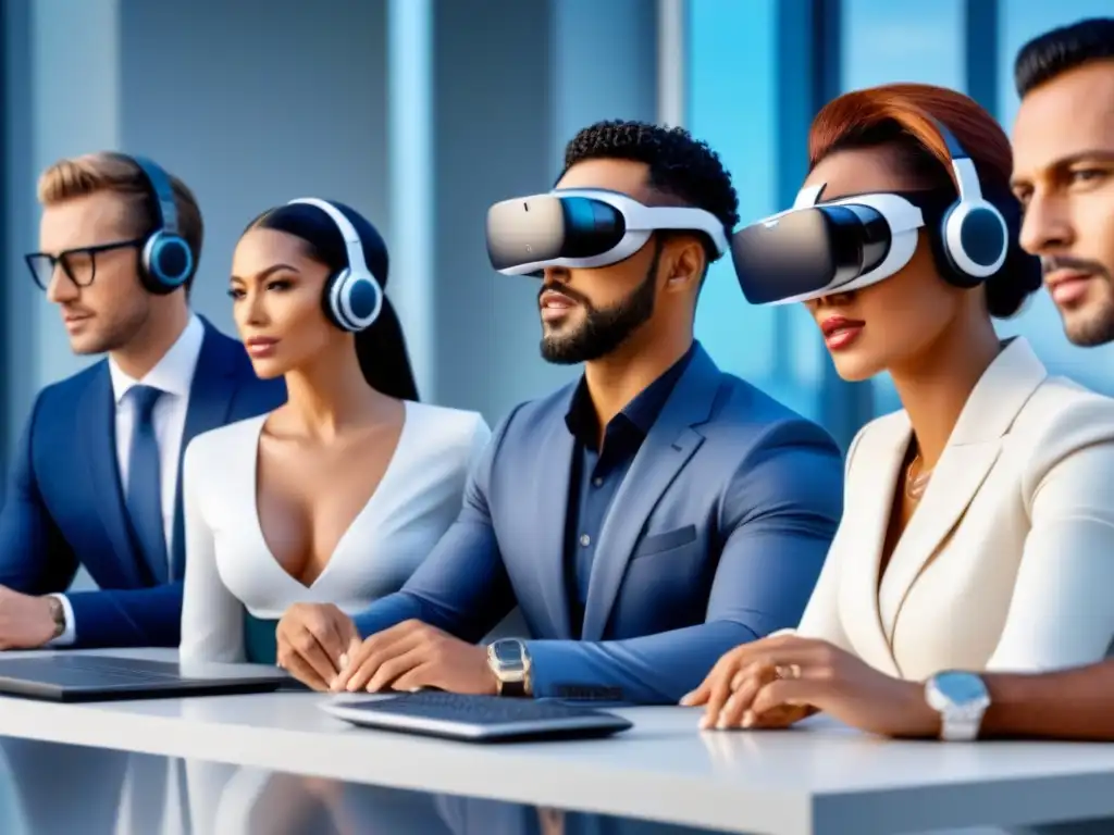 Agentes inmobiliarios colaborativos: fusión digital Un grupo diverso de asesores inmobiliarios en plataformas online discuten y analizan datos, fusionando tradición y tecnología inmobiliaria