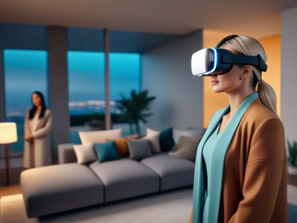 Realidad virtual de lujo: casa moderna en 3D Grupo diverso asombrado explorando casa moderna en VR con elementos interactivos