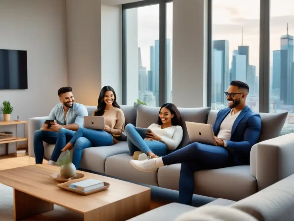 Inversión inmobiliaria moderna: grupo diverso en sala elegante Un grupo diverso invierte en bienes raíces en moderno salón