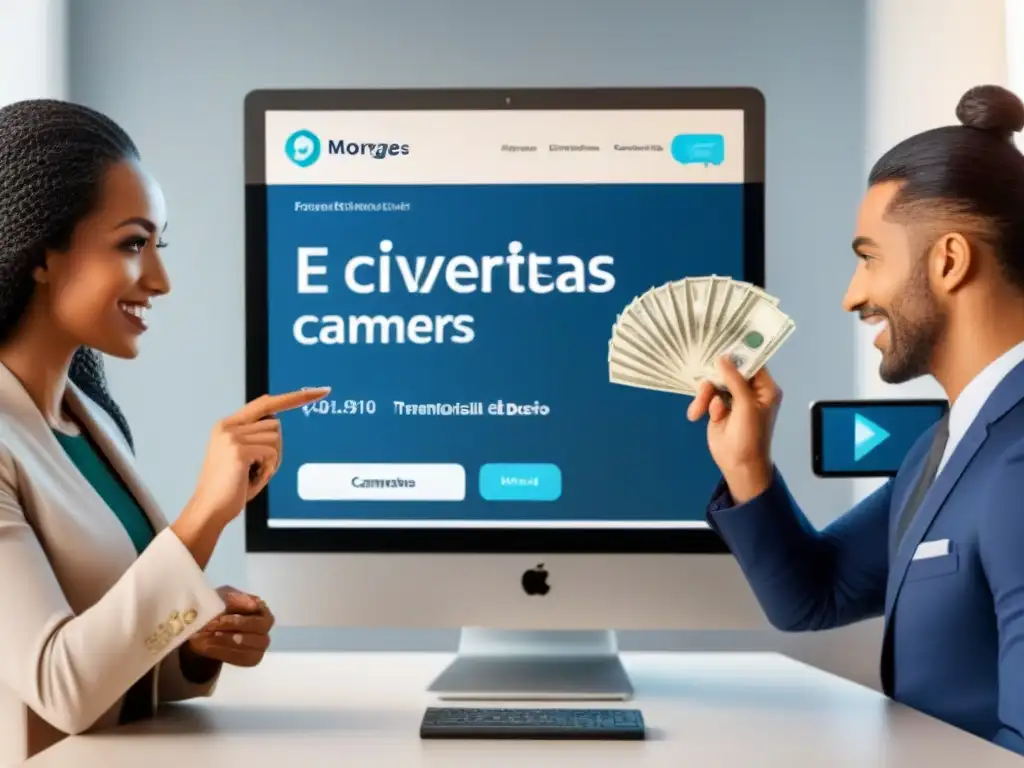 Intercambio de Divisas: Estrategias Multidivisa Un grupo diverso de compradores internacionales intercambia símbolos de divisa con pantallas digitales mostrando conversiones en tiempo real
