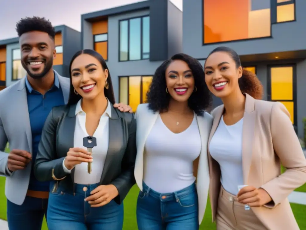 Jóvenes compradores de vivienda celebran su logro en vecindario diverso Un grupo diverso de compradores primerizos sonrientes celebran la compra de sus hogares en un vecindario vibrante