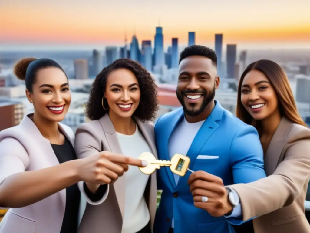 Entrega de llaves a felices compradores de viviendas Grupo diverso de compradores primerizos sonrientes recibe llaves de sus hogares nuevos en una ciudad próspera
