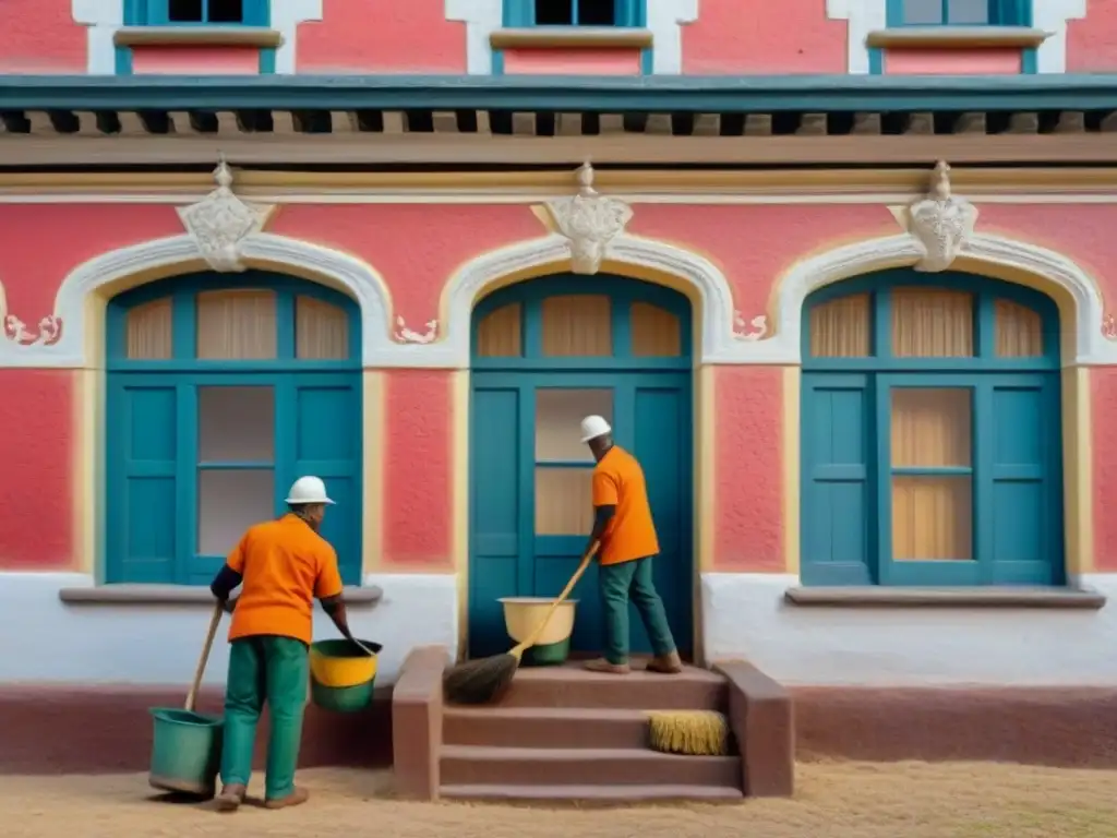 Restauración comunitaria: preservando nuestro patrimonio juntos Grupo diverso de la comunidad restaurando un edificio histórico, destacando la conservación del patrimonio local con unidad y colaboración
