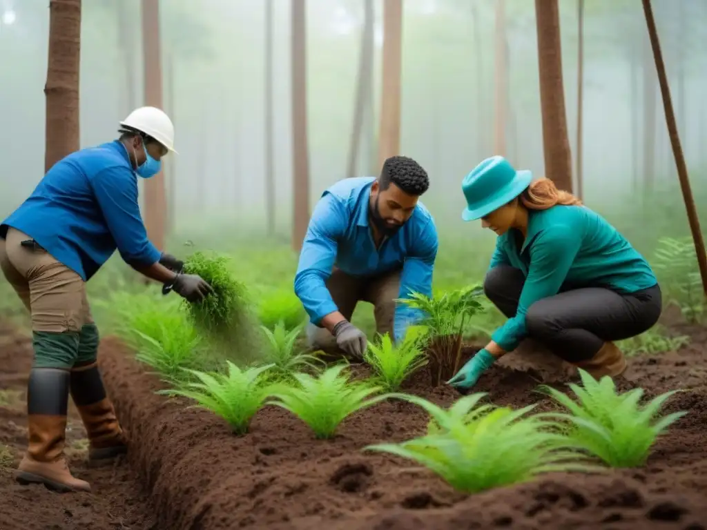 Restauración de ecosistema: conservacionistas en acción Un grupo diverso de conservacionistas restaura una biodiversa selva, destacando la importancia del financiamiento en proyectos de restauración