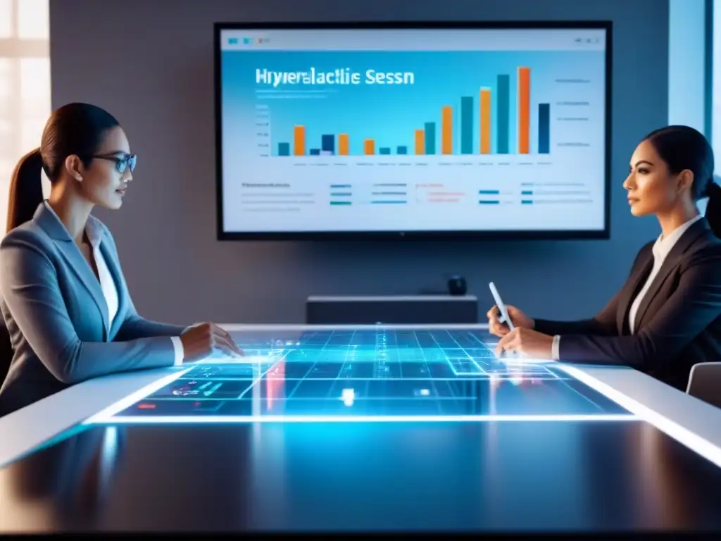 Sesión financiera colaborativa con hologramas en oficina futurista Grupo diverso analiza crowdfunding inmobiliario en oficina futurista con gráficos holográficos