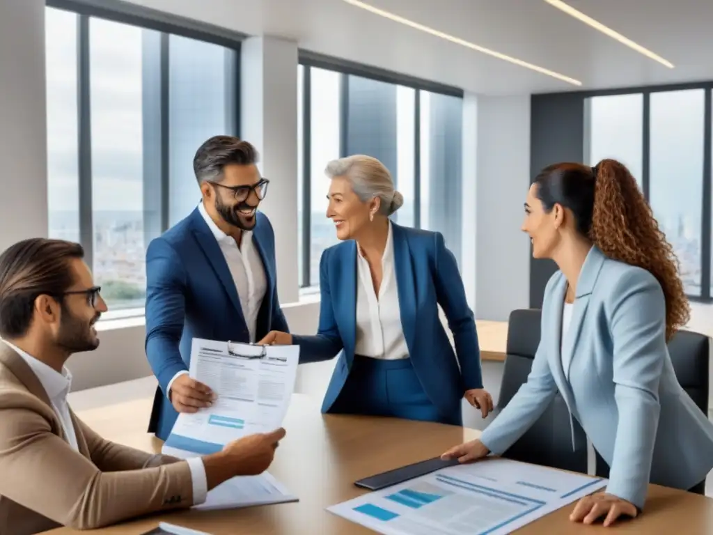 Grupo diverso debate normativas arrendamiento Uruguay derechos deberes en moderna oficina con vista a la ciudad