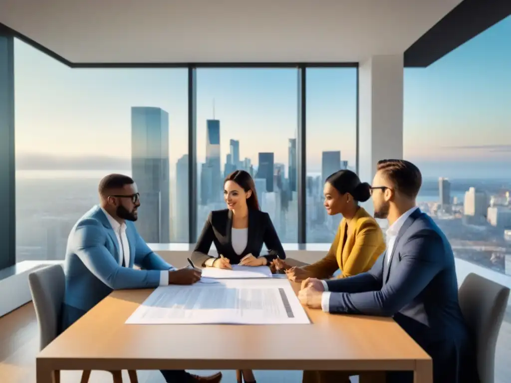 Equipo diverso revisa documentos hipotecarios en moderno entorno Un grupo diverso discute documentos hipotecarios en una sala luminosa con vista a la ciudad