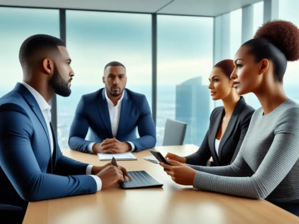 Errores comunes en seguros de empresa: lecciones en oficina moderna Un grupo diverso de dueños de negocios en una oficina moderna, discutiendo con agentes de seguros