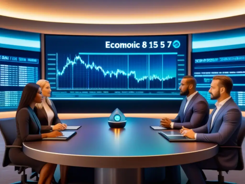 Reunión futurista: expertos debaten políticas económicas y tasas de interés Grupo diverso discute efectos de tasas de interés en compra inmobiliaria en sala futurista 8k