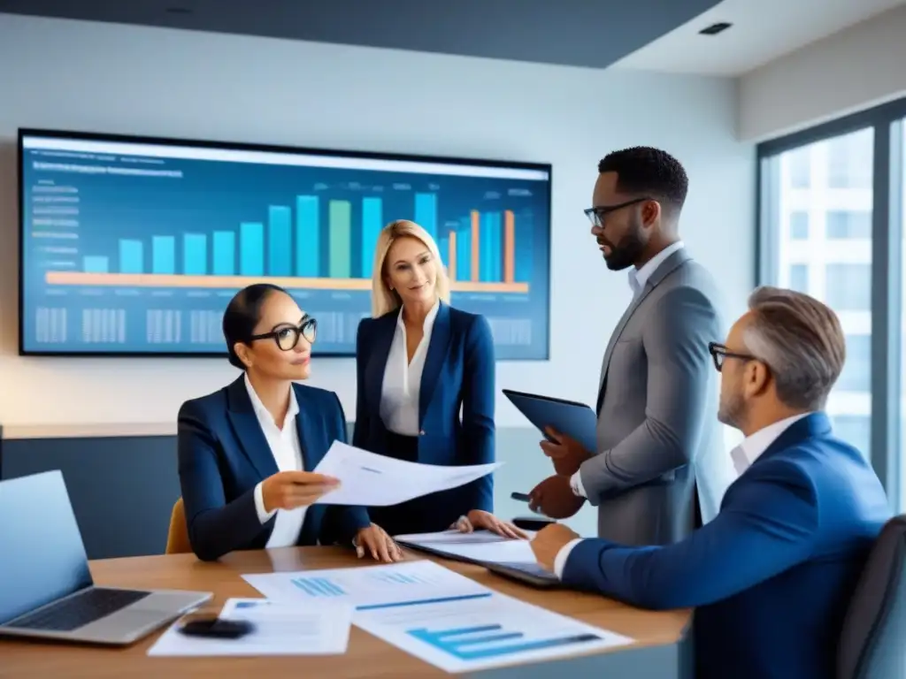 Profesionales debatiendo impuestos en oficina moderna Grupo diverso de empresarios discutiendo documentos fiscales en oficina moderna