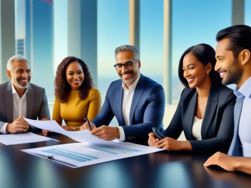 Reunión exitosa: Estrategias financieras de refinanciamiento Un grupo diverso sonríe al debatir estrategias financieras en una moderna sala de reuniones
