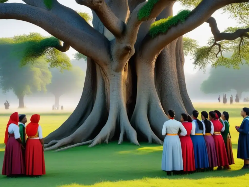 Encuentro multicultural en la naturaleza: unión, diversidad y educación Grupo diverso de estudiantes con atuendos tradicionales, reunidos alrededor de un árbol antiguo en prado verde
