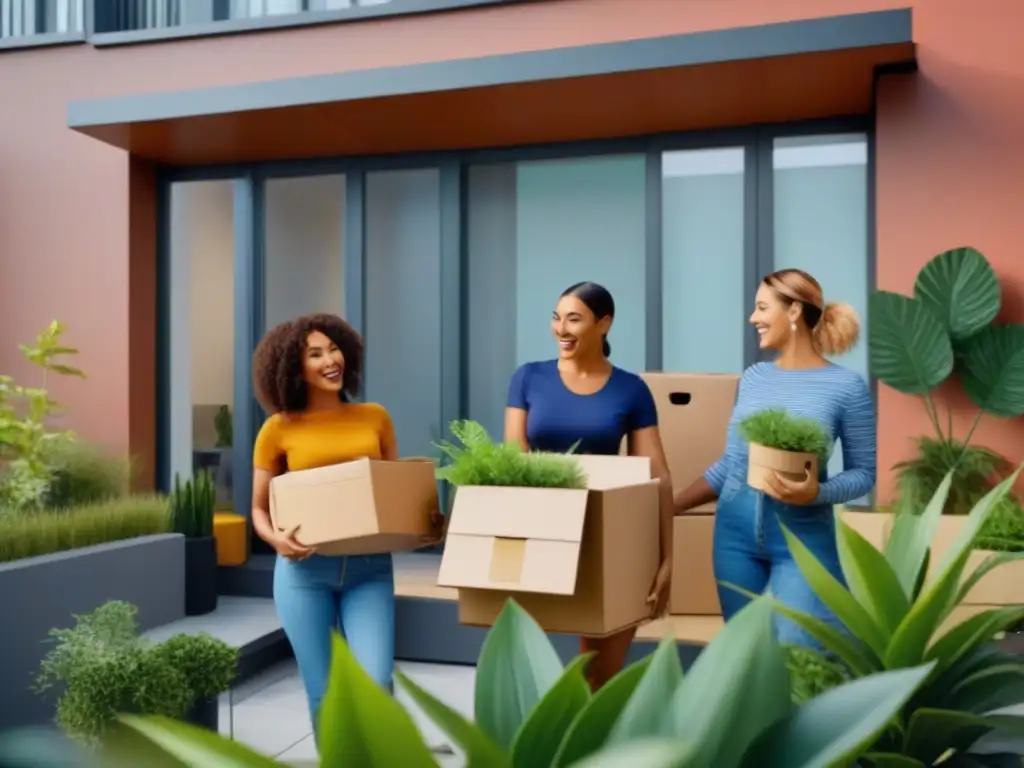 Emocionante mudanza a un edificio moderno y acogedor Un grupo diverso y feliz de inquilinos se muda a un moderno edificio de apartamentos