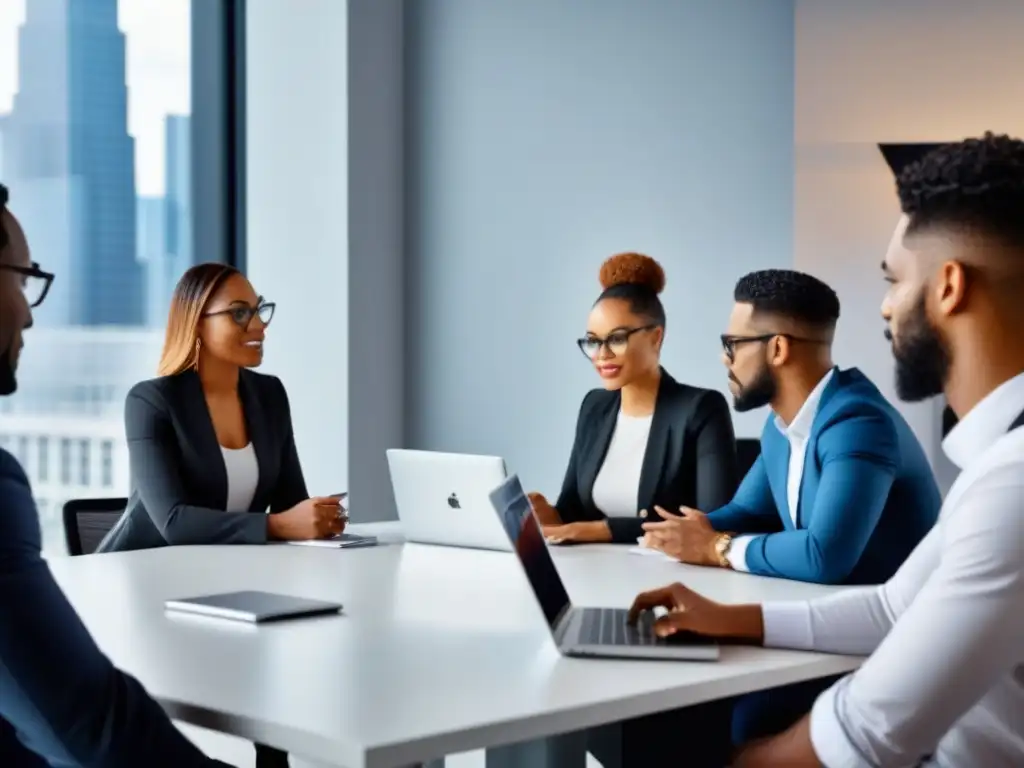 Profesionales freelancers debaten opciones hipotecarias en oficina moderna Grupo diverso de freelancers discutiendo opciones de hipotecas en oficina moderna