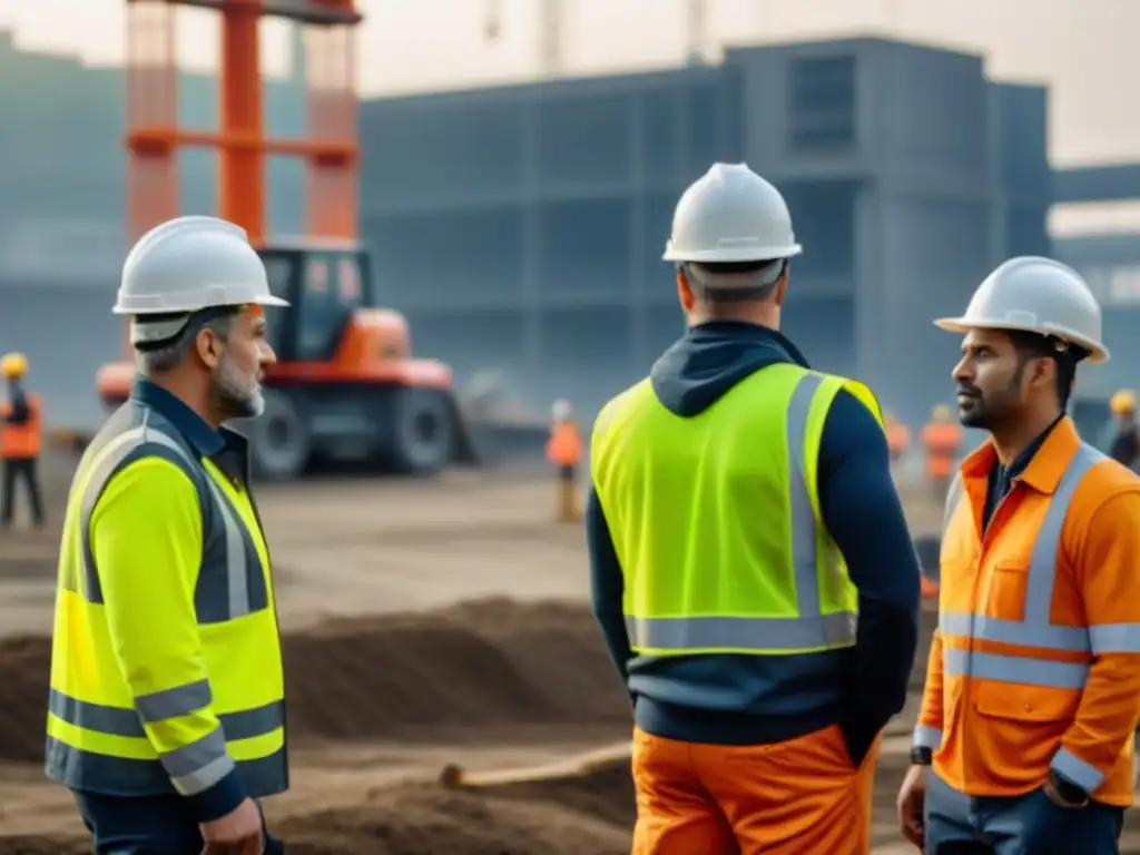 Equipo diverso en obra: ingenieros y obreros con equipos de seguridad Un grupo diverso de ingenieros y trabajadores de la construcción discuten planes en una obra, con equipos modernos