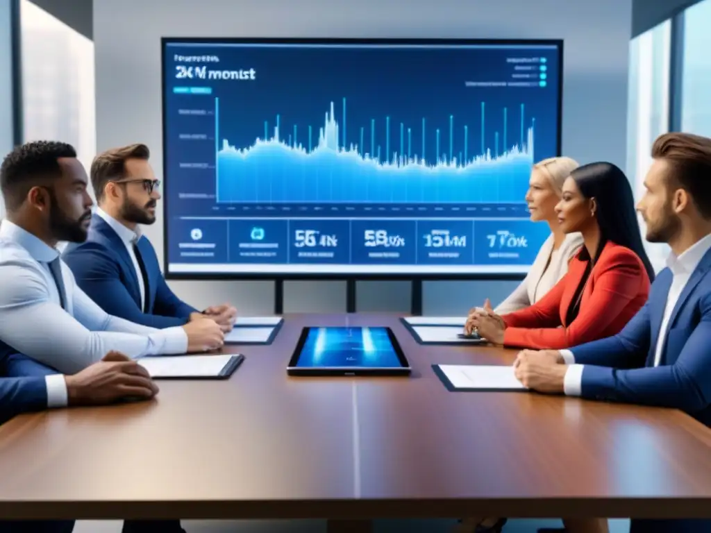 Inversionistas inmobiliarios: colaboración y estrategia en la era digital Un grupo diverso de inversionistas inmobiliarios se reúne en una moderna oficina para discutir estrategias de inversión en propiedades en remate