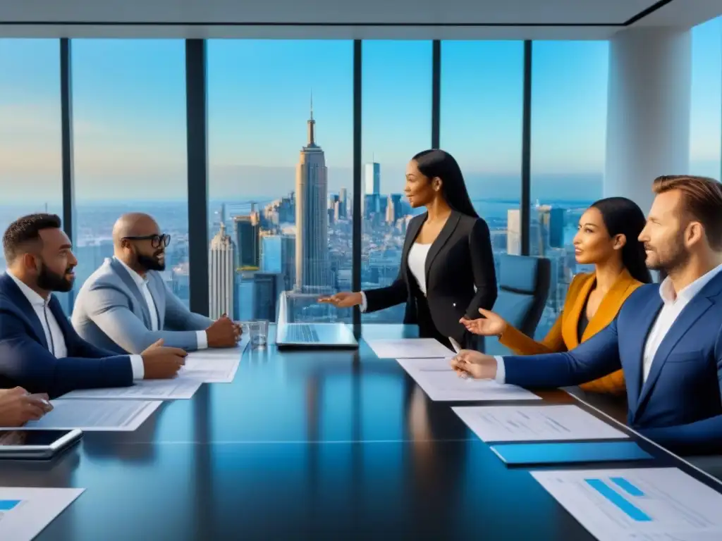Inversionistas inmobiliarios exitosos en sesión estratégica Grupo diverso de inversionistas inmobiliarios exitosos colaborando en una moderna sala de juntas con vista a la ciudad