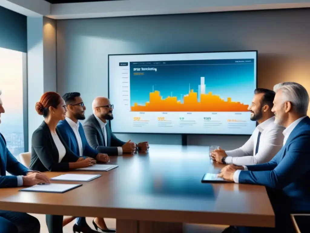 Inversores diversificados analizan gráficos de inversión inmobiliaria en moderna sala de juntas Un grupo diverso de inversionistas se reúne en una sala moderna, analizando gráficos de inversión inmobiliaria online