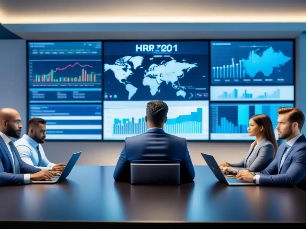 Inversores analizando informes financieros en sala de reuniones elegante Un grupo diverso de inversionistas serios analizando informes financieros en una mesa de conferencias, rodeados de gráficos y un mapa del mundo