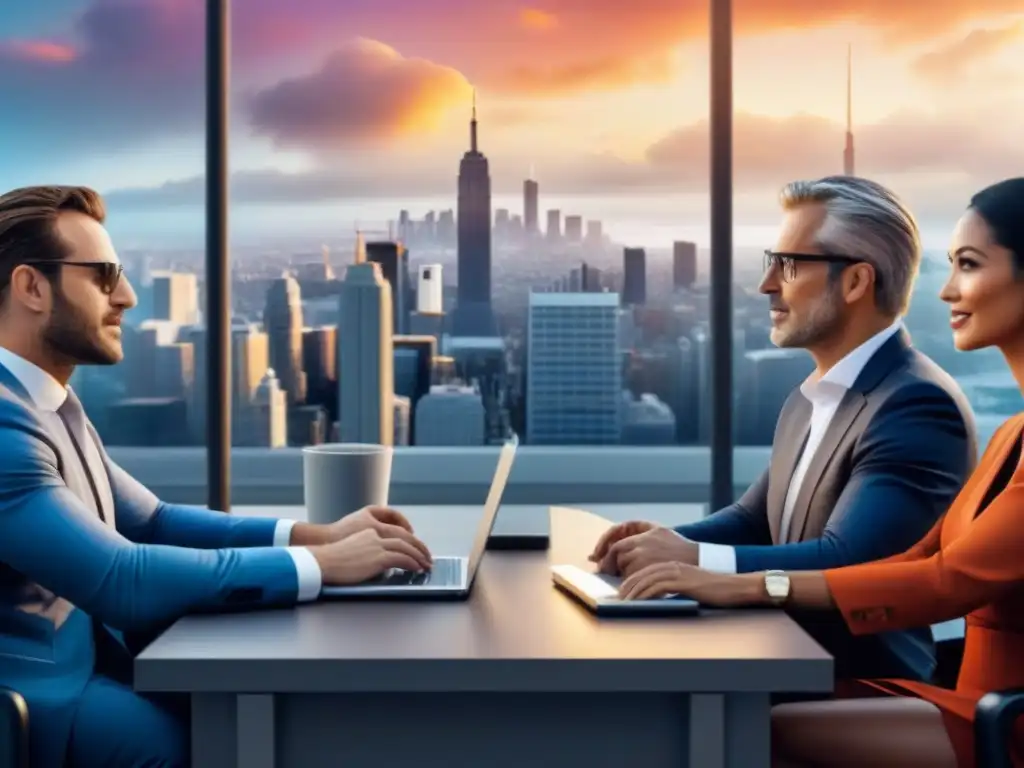 Inversores debatiendo sobre crowdfunding inmobiliario en ciudad futurista Grupo diverso de inversores discutiendo sobre crowdfunding inmobiliario