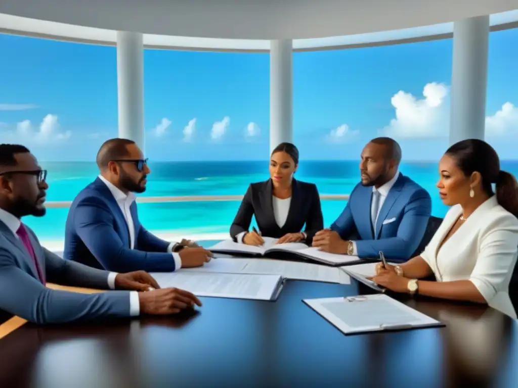 Inversores globales revisando documentos legales en Bahamas Un grupo diverso de inversores revisa documentos legales en las Bahamas